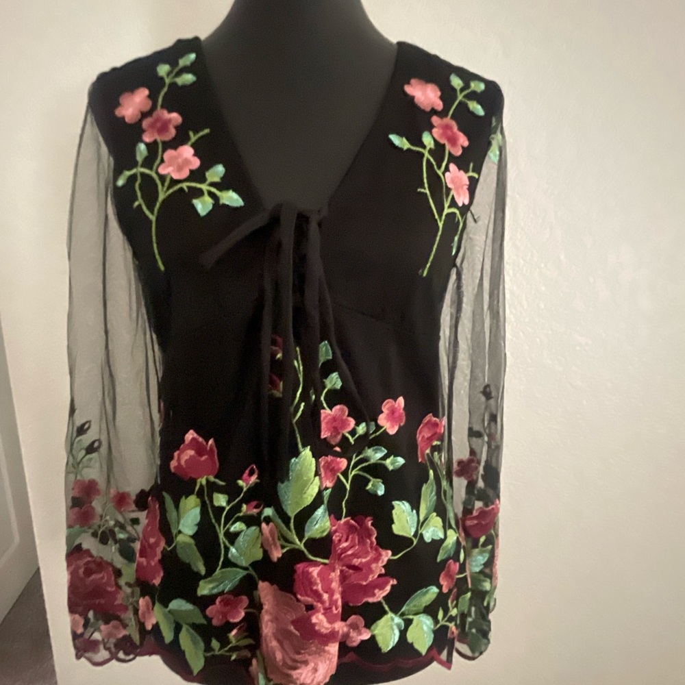 VENUS Black Blouse with Pink and Green Floral Design - Picture 6 of 8